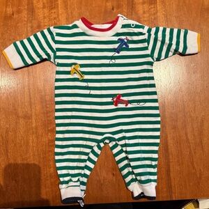 Florence Eiseman Green and White Striped Footie with Airplane Embroidery